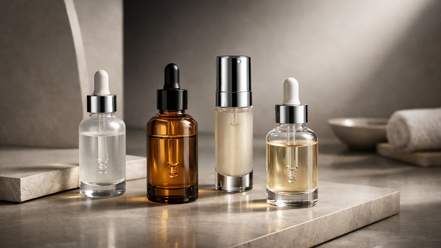 Peptide serum with sleek glass bottle and soft lighting