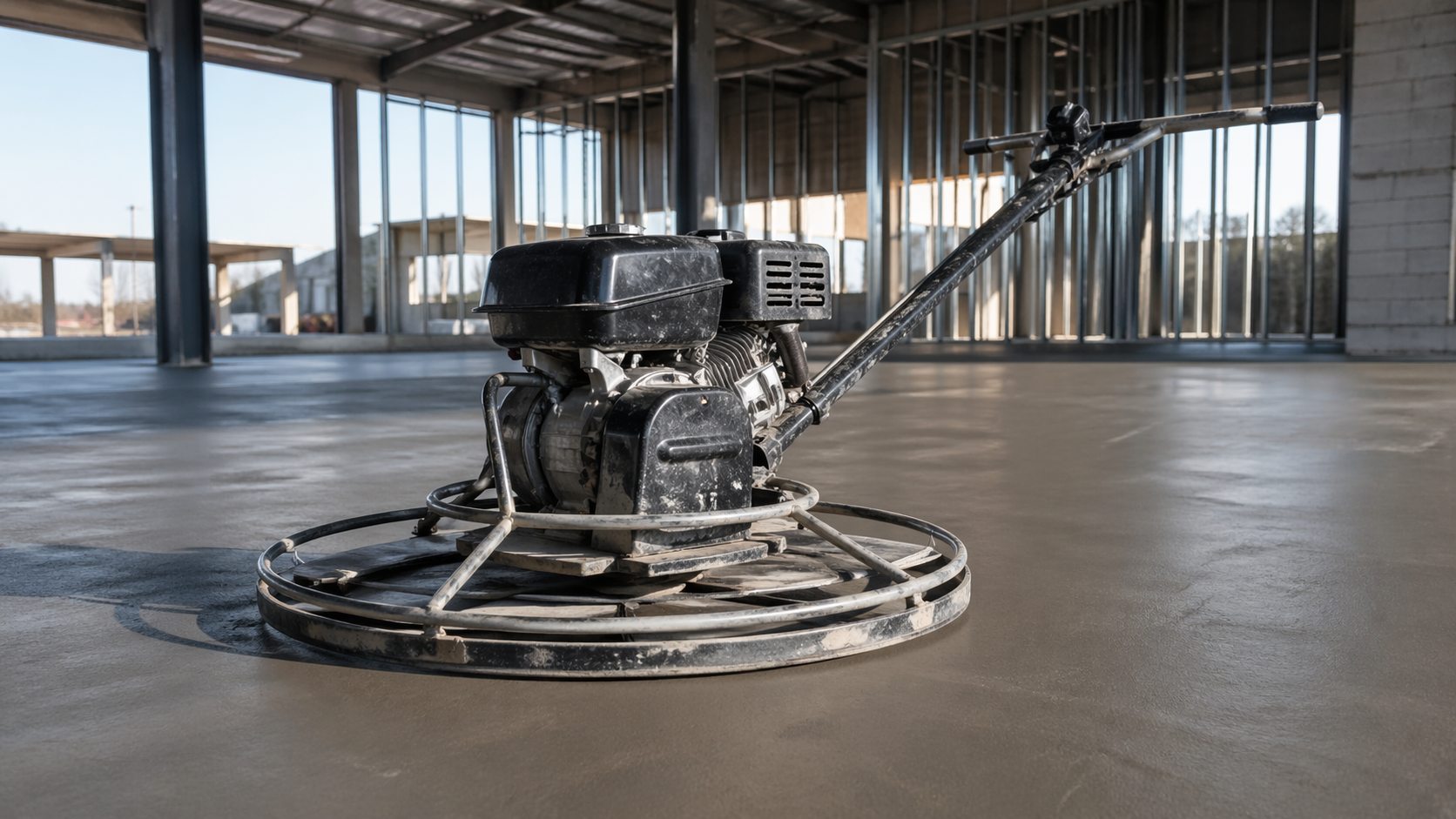 Power trowel finishing smooth concrete surface