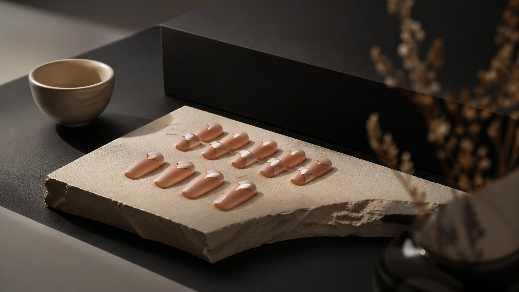 Press-on nail set with various shapes and designs for quick application