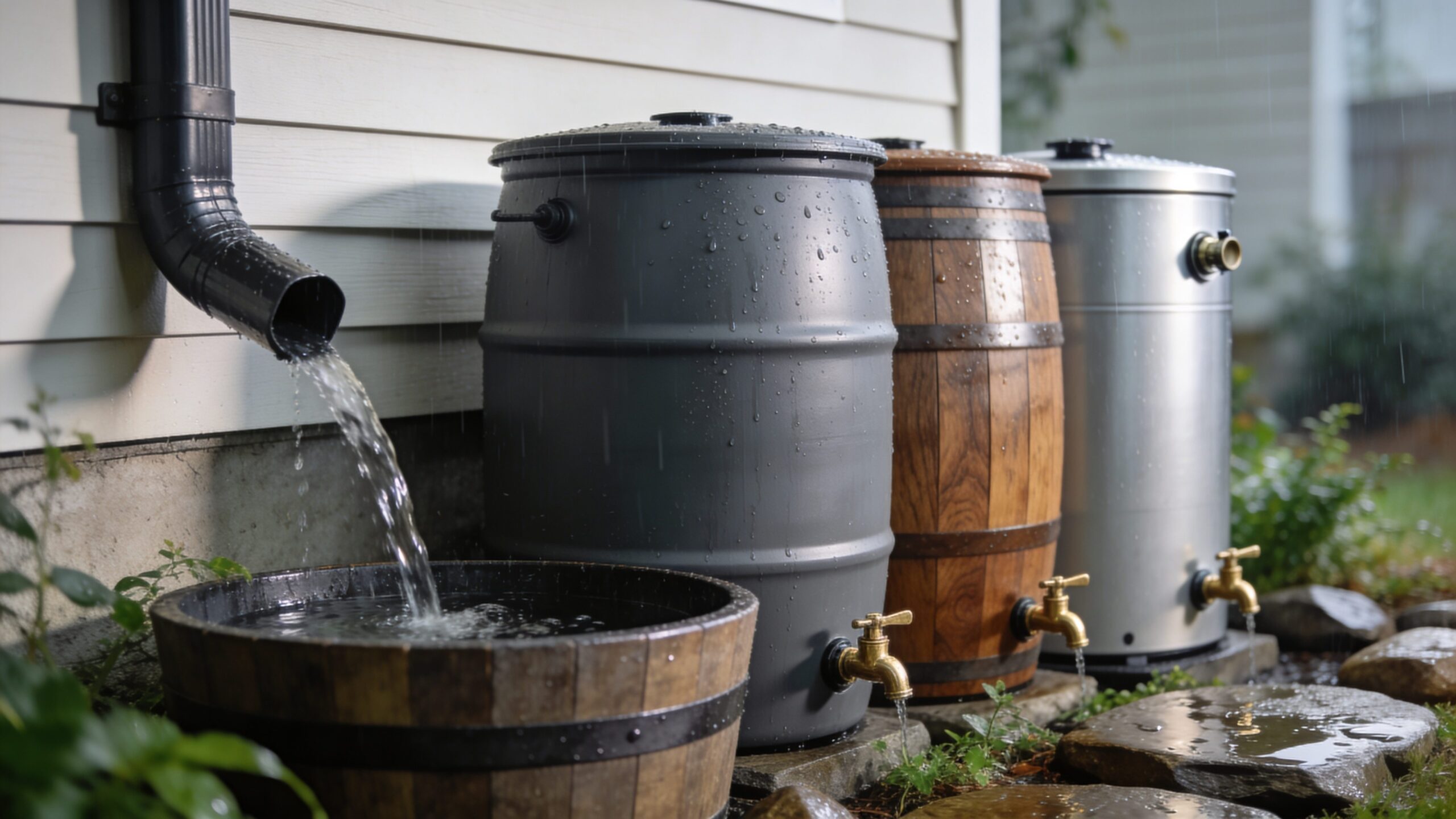 Rain barrel collecting water from a downspout in a backyard setting