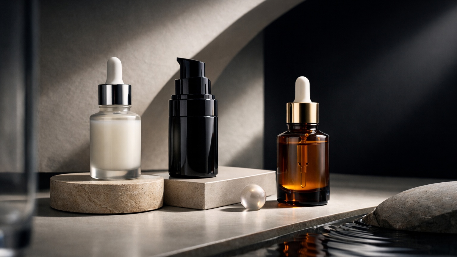 Retinol serum bottle in a dark minimalist setting
