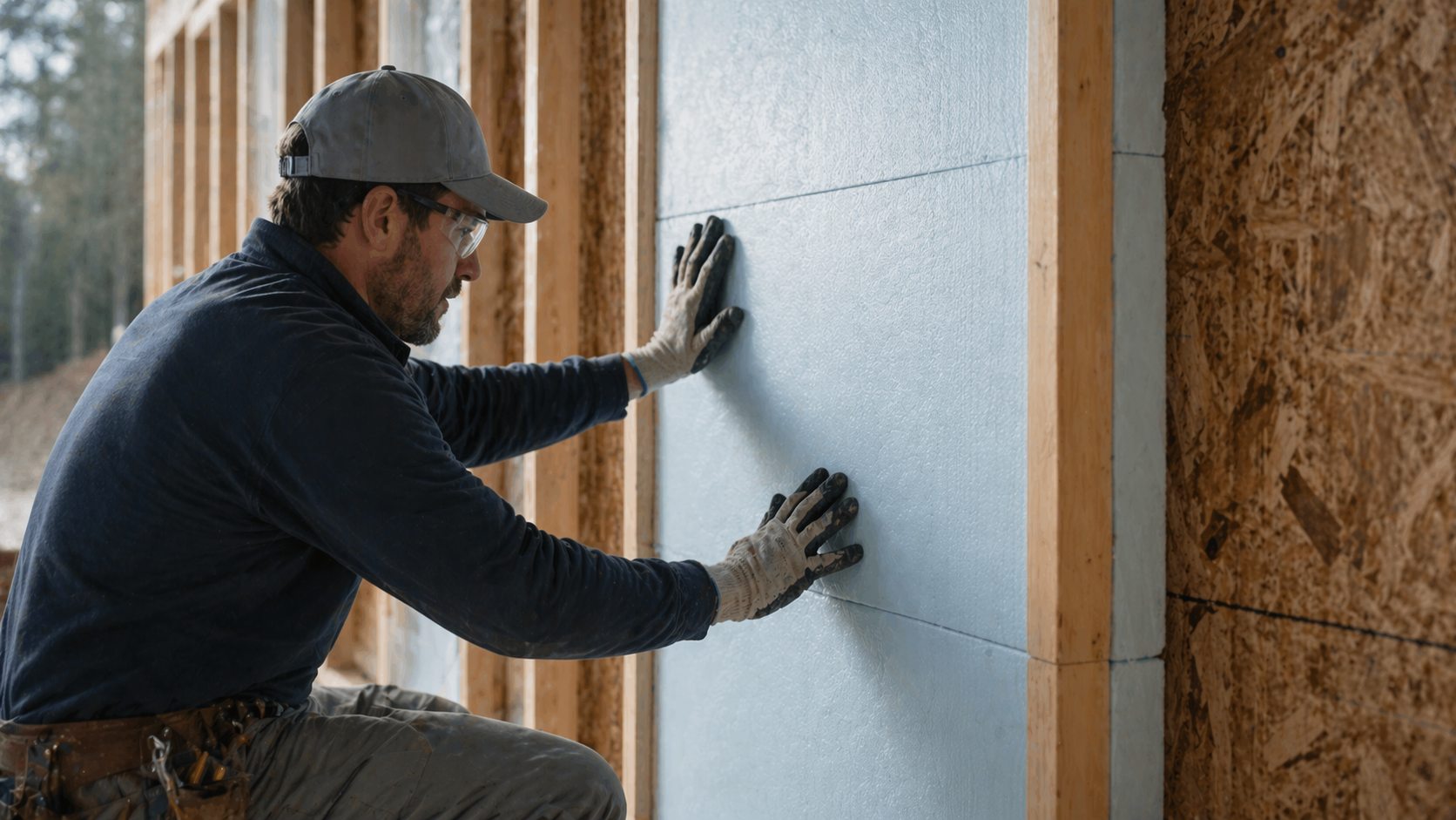 Rigid foam insulation boards installed on exterior wall