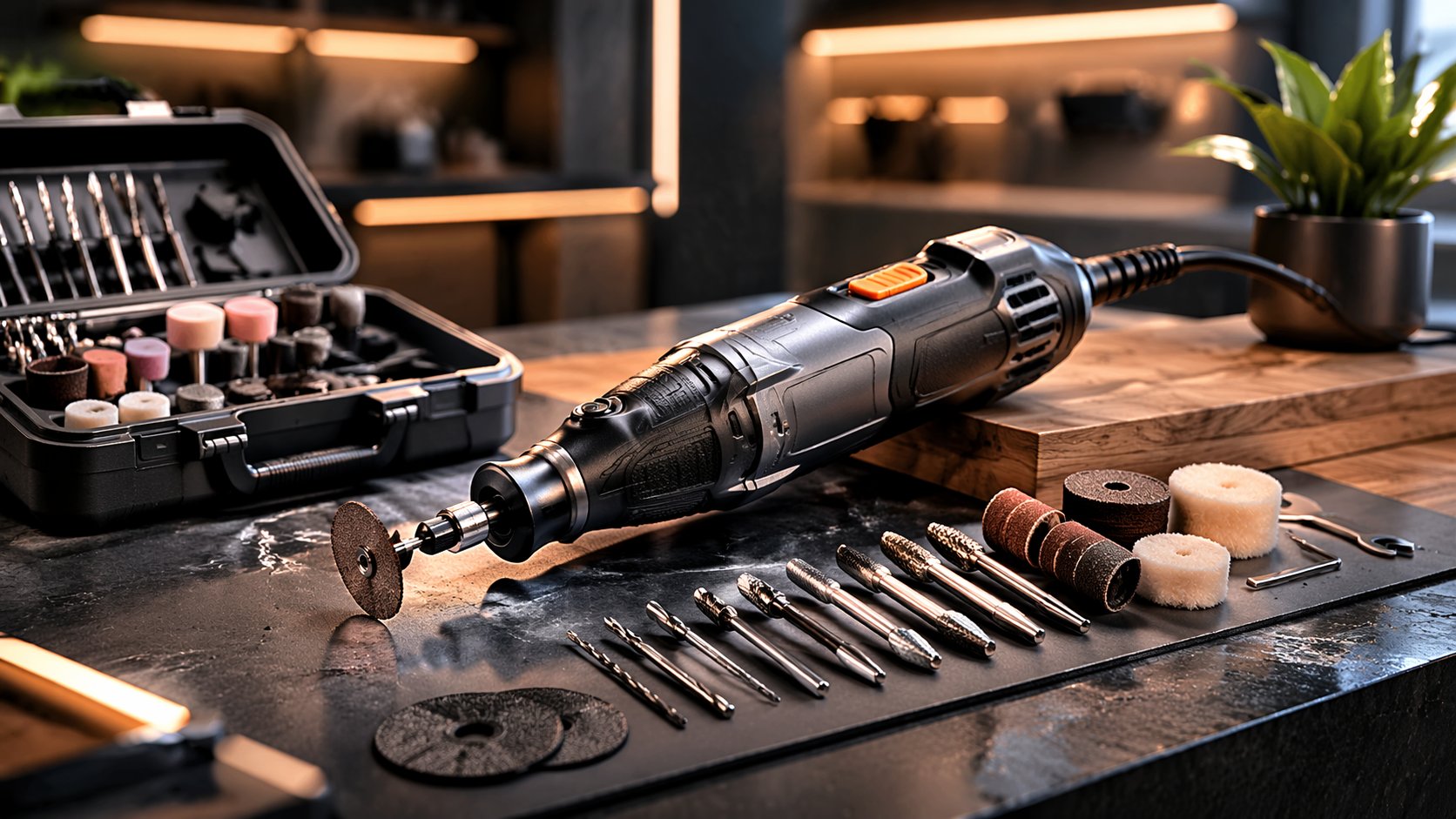 Rotary tool representing compact cutting, carving, and polishing