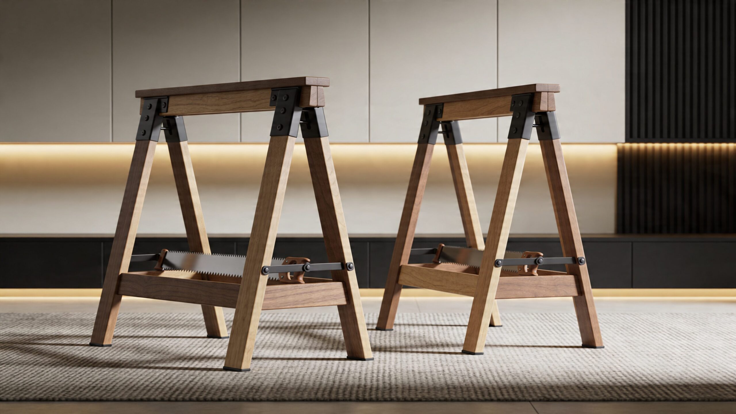 Sawhorses supporting materials on a jobsite
