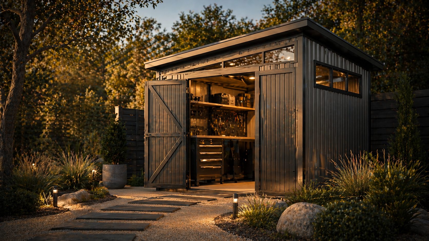 Outdoor shed used for tool and equipment storage in backyard