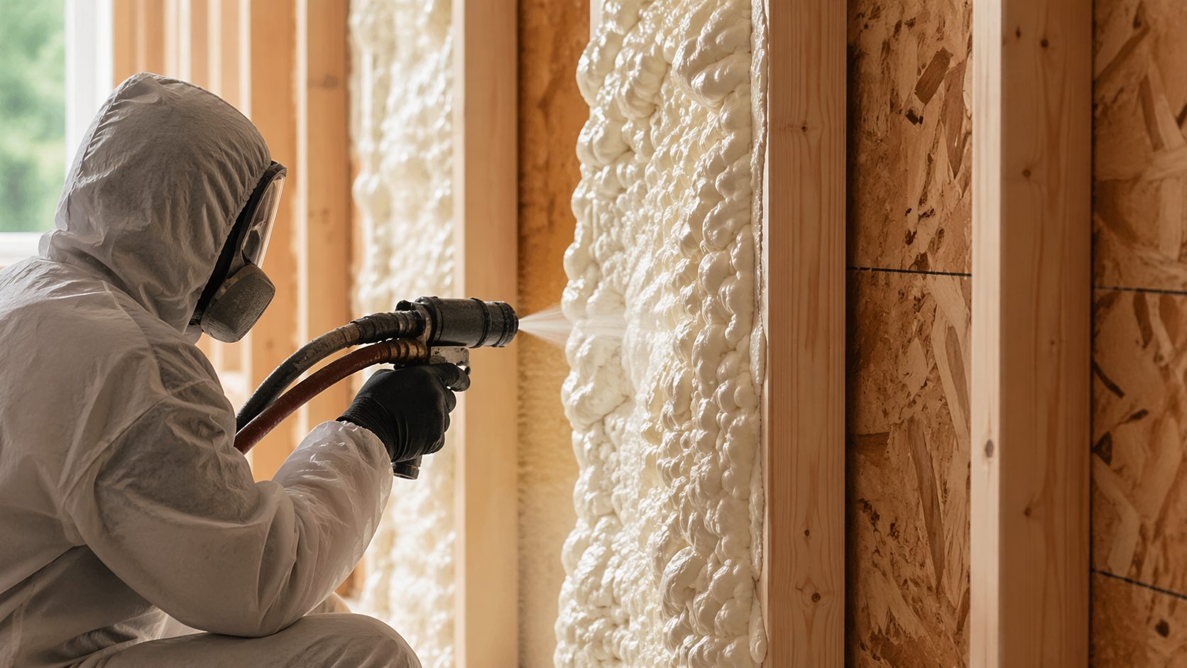 Spray foam insulation applied inside wall cavity