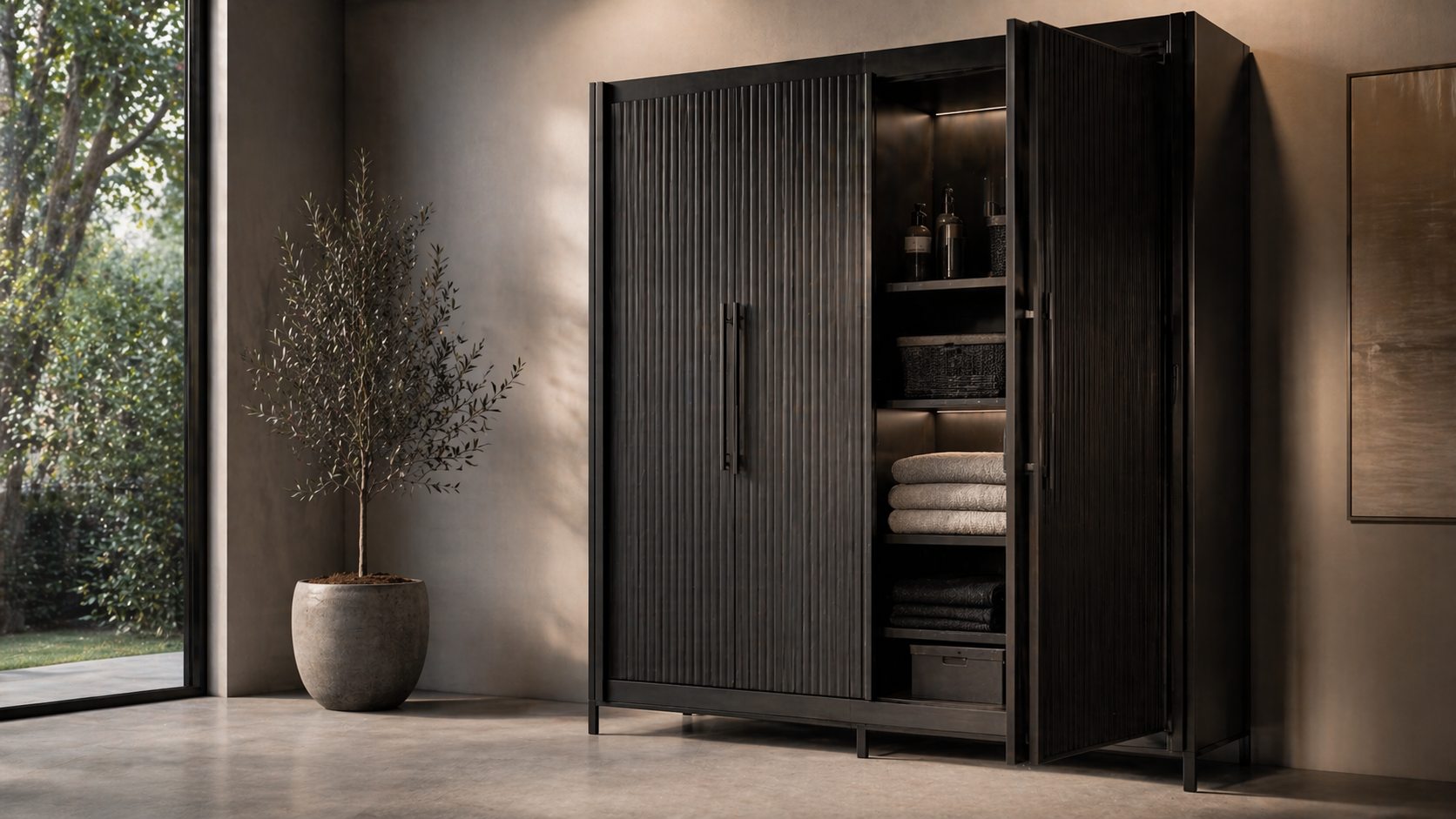 Storage cabinets representing enclosed home organization systems