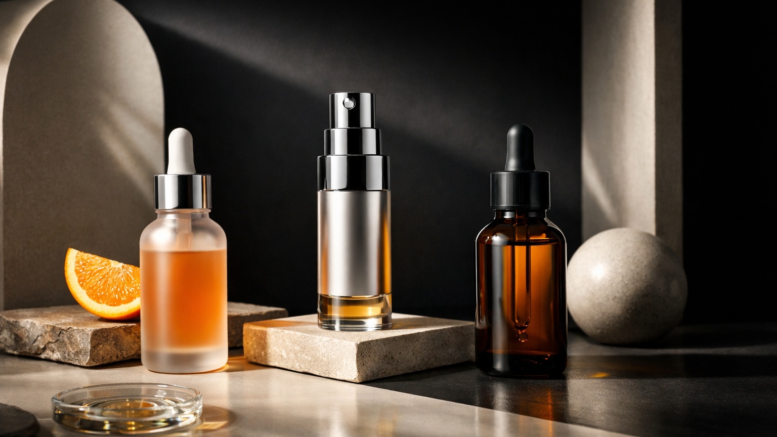 Vitamin C serum dropper bottle with citrus-inspired tones