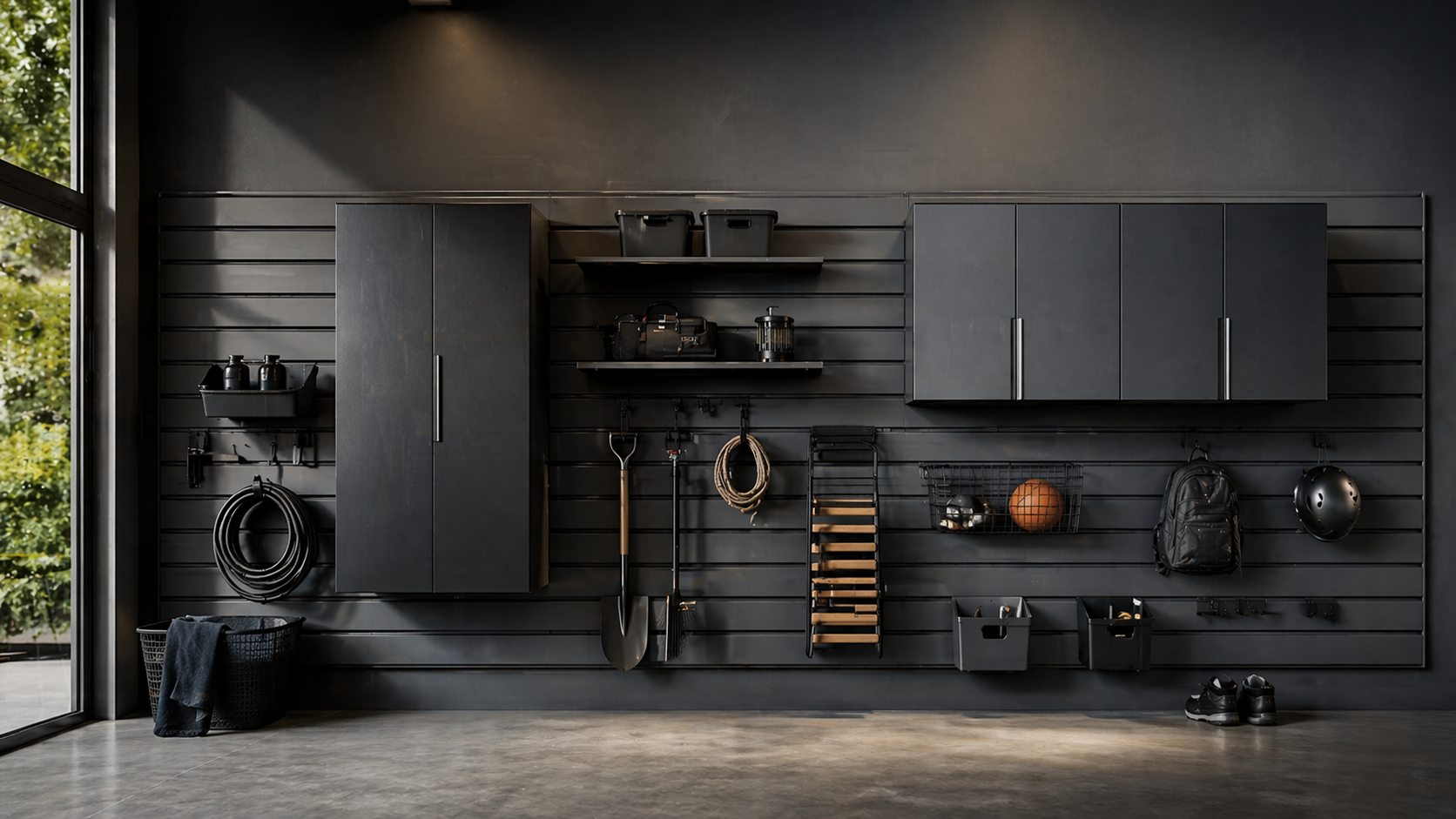 Wall-mounted garage storage systems with hooks and rails