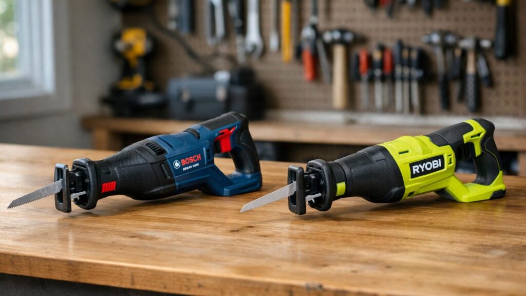 Bosch GSA18V-110N and Ryobi PCL515B reciprocating saws placed side by side on a wooden workbench in a workshop setting