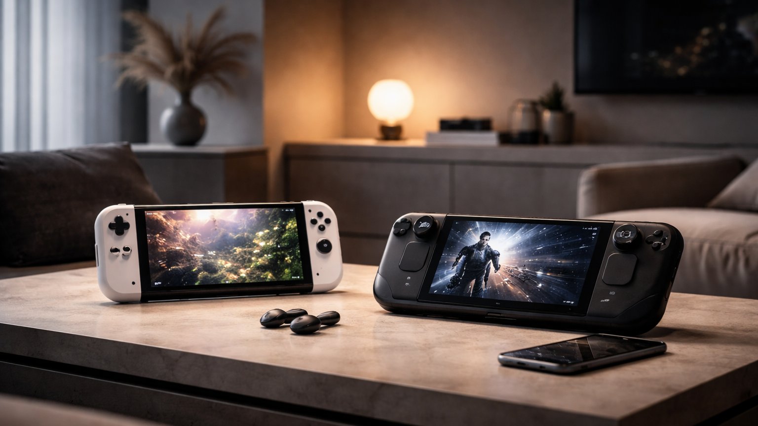 Handheld gaming console being used on the go