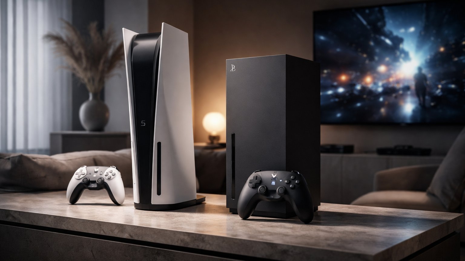 Home gaming console setup with TV and controller