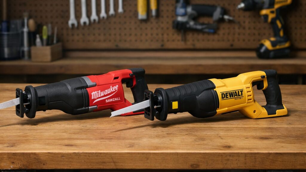 Milwaukee 2822-20 Sawzall and DeWalt DCS389B reciprocating saws side by side on a workshop workbench ready for comparison