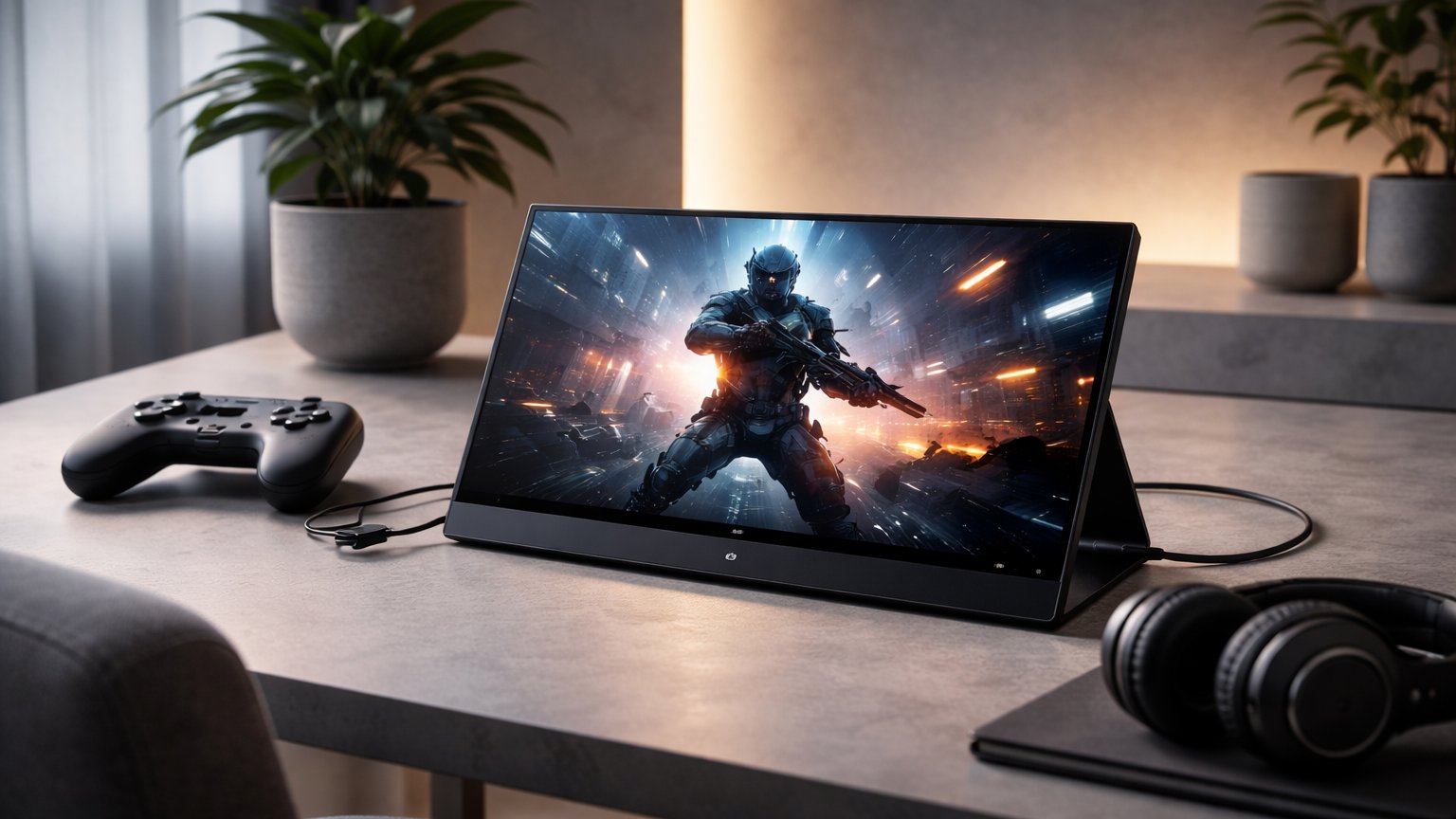 Portable gaming monitor setup for travel or flexible workspace