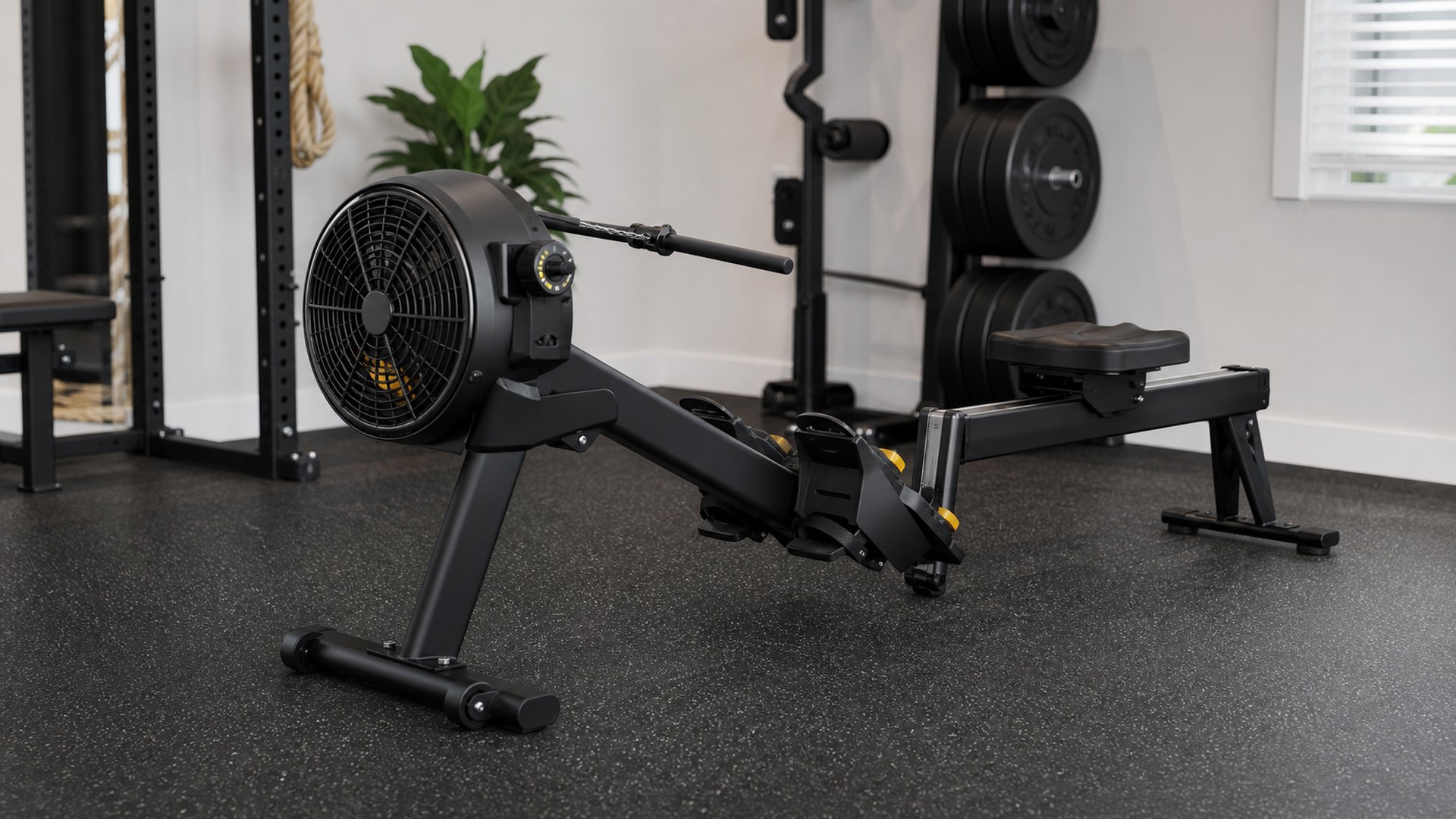 Bells of Steel Blitz Air Rower in a compact home gym