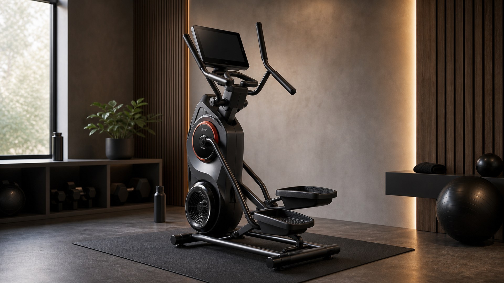 BowFlex Max Trainer M9 compact elliptical-style trainer in a small home gym