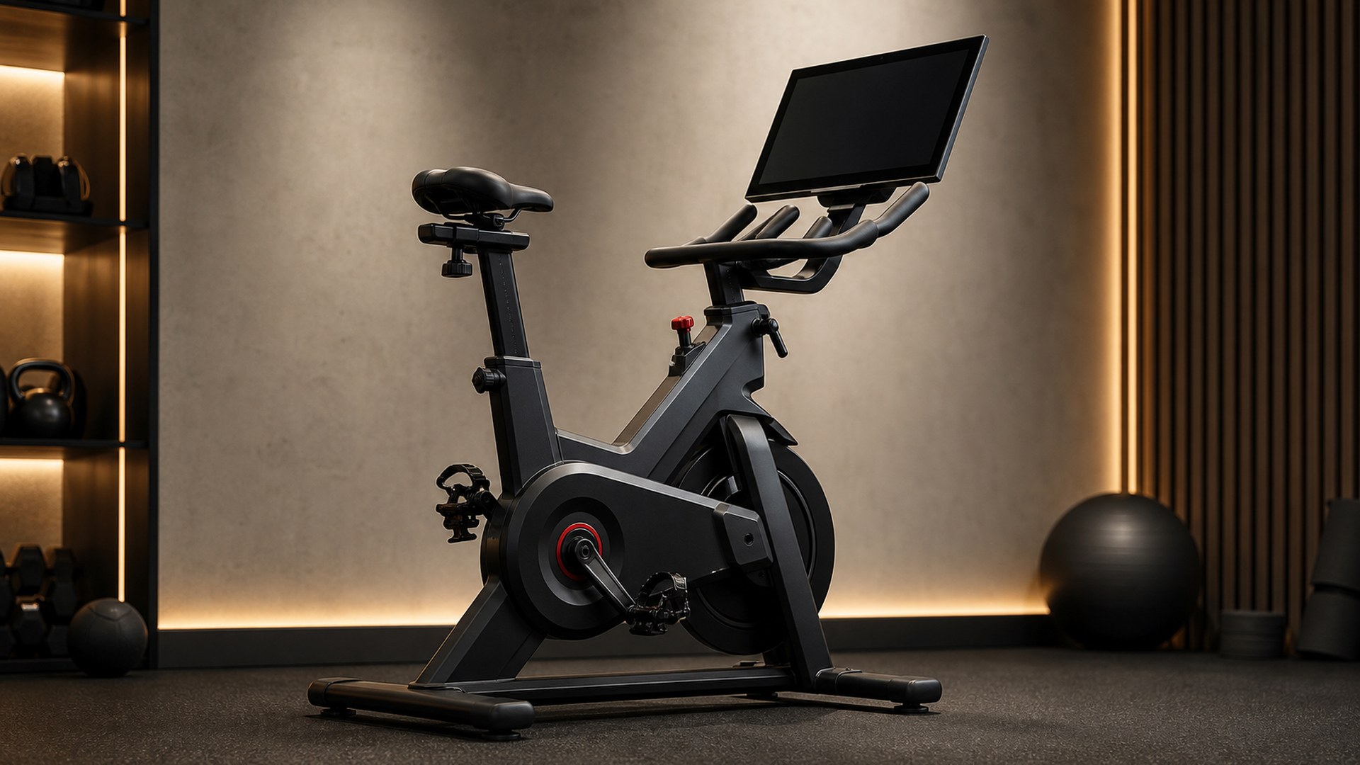 BowFlex VeloCore connected spin bike in a cinematic home gym