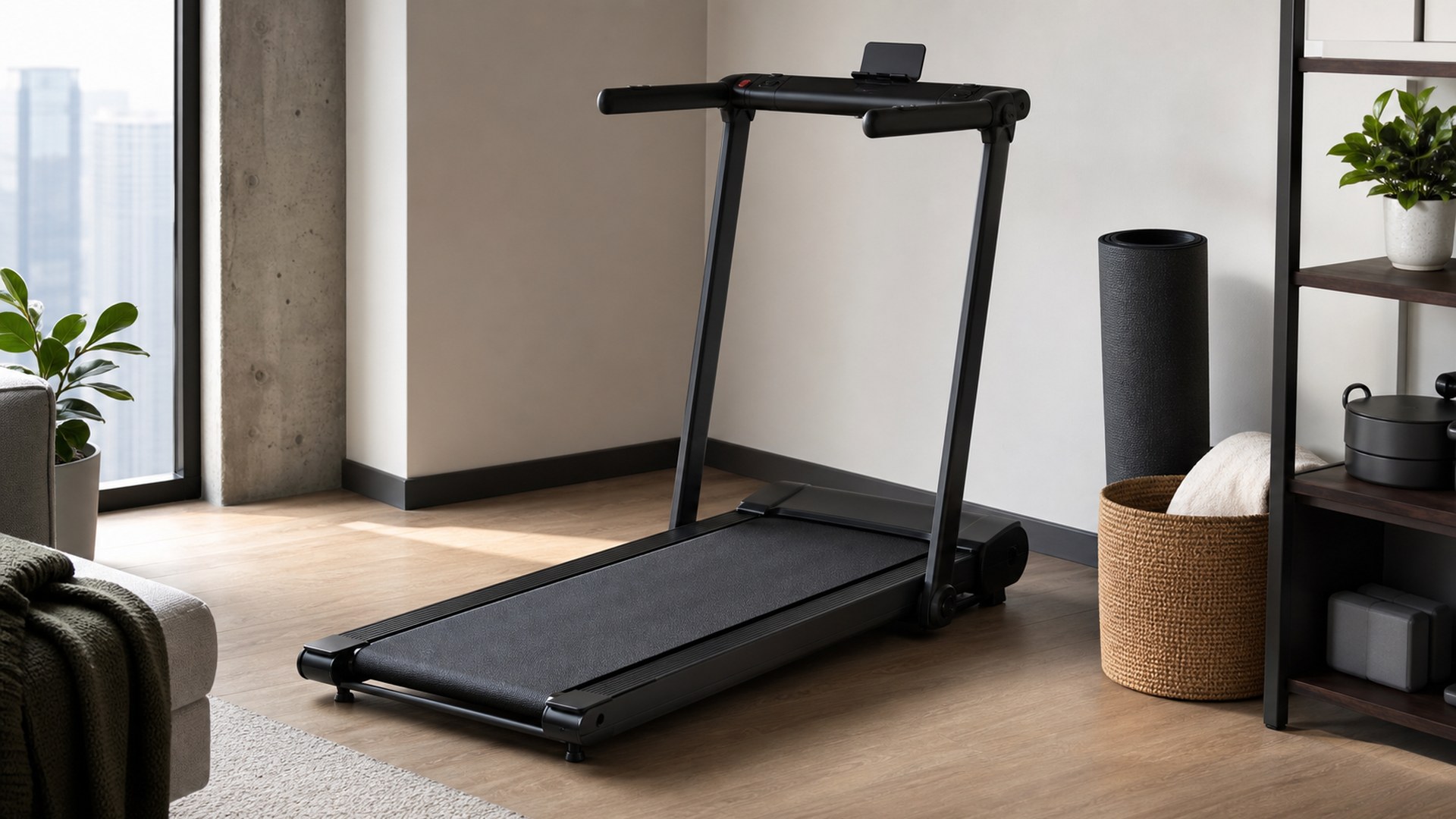 Echelon Stride-6 flat-folding treadmill in a small apartment