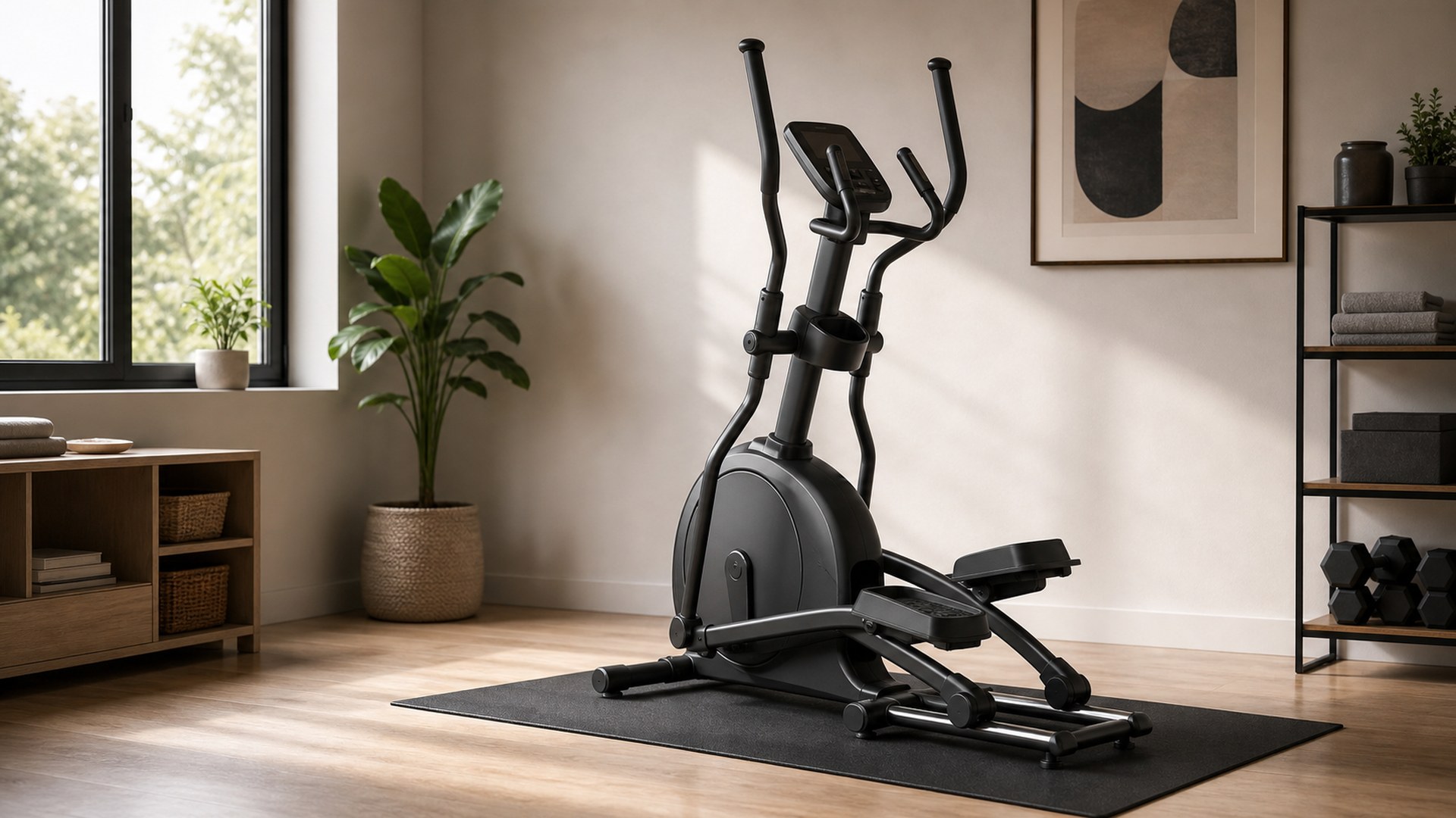 Horizon EX-59 front drive elliptical in a compact apartment gym