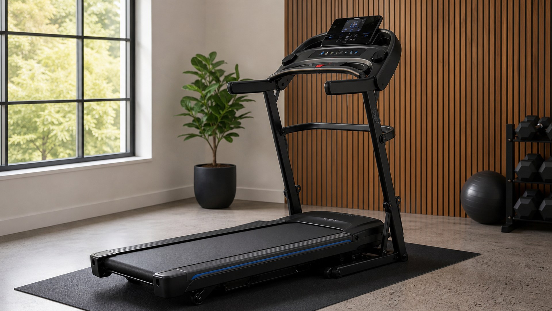Horizon Fitness 7.0 AT folding treadmill in a practical home gym