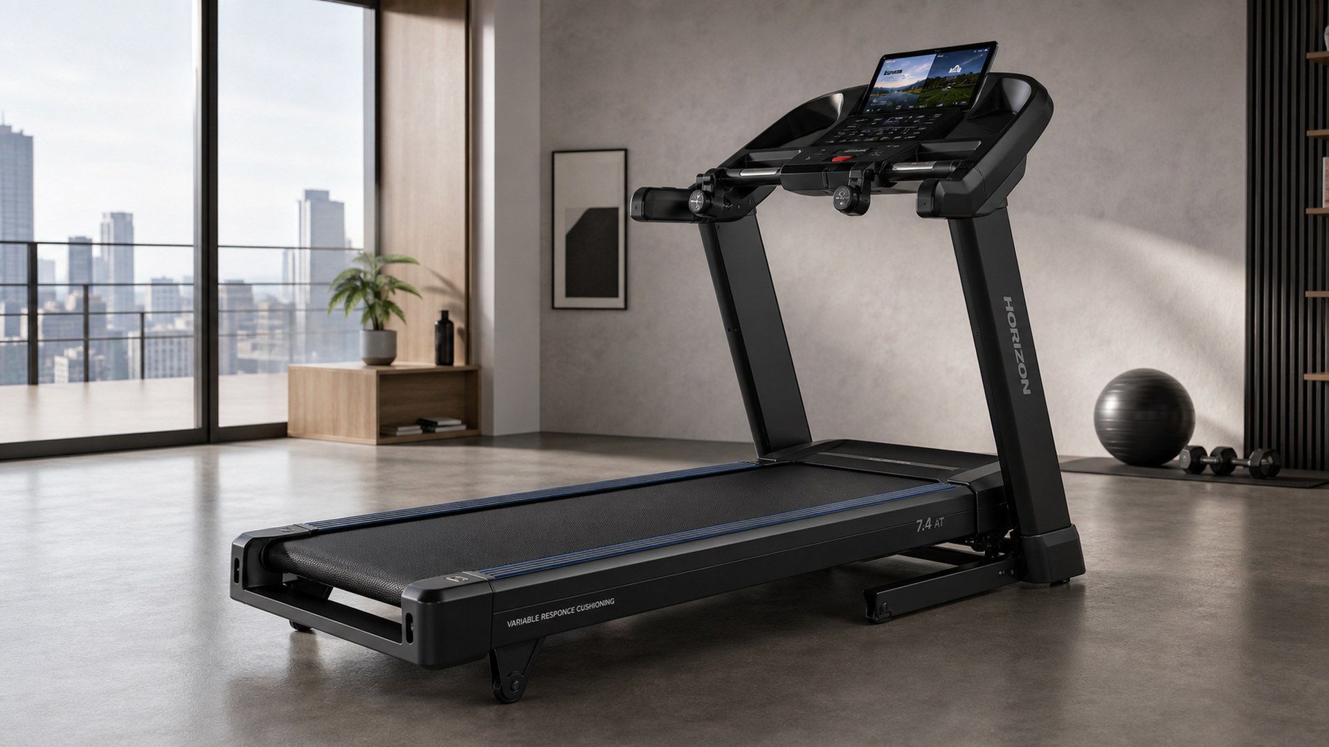 Horizon Fitness 7.4 AT folding treadmill in an apartment gym