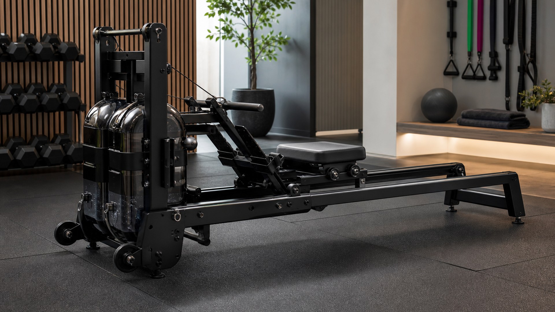 LIT Strength Machine water rower and strength trainer in a modern home fitness space