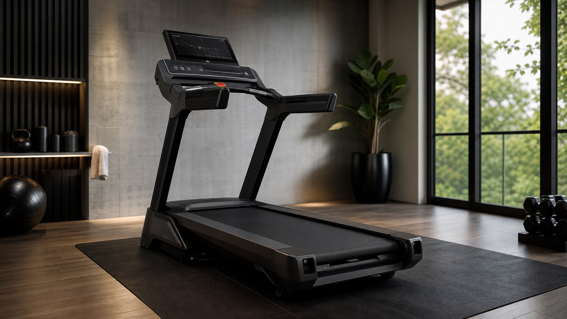 Matrix TF30 premium folding treadmill in an upscale home gym