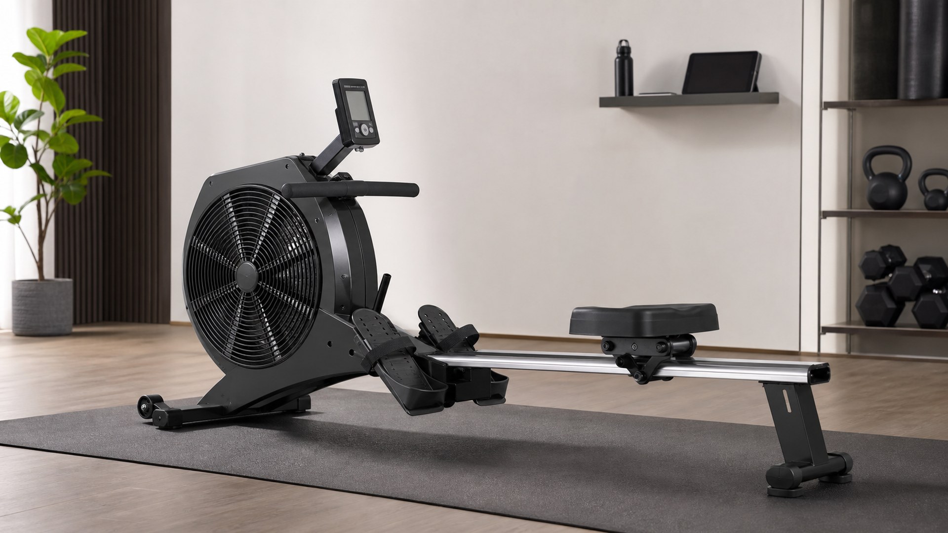 MERACH NovaRow R50 air resistance rower in an apartment home gym