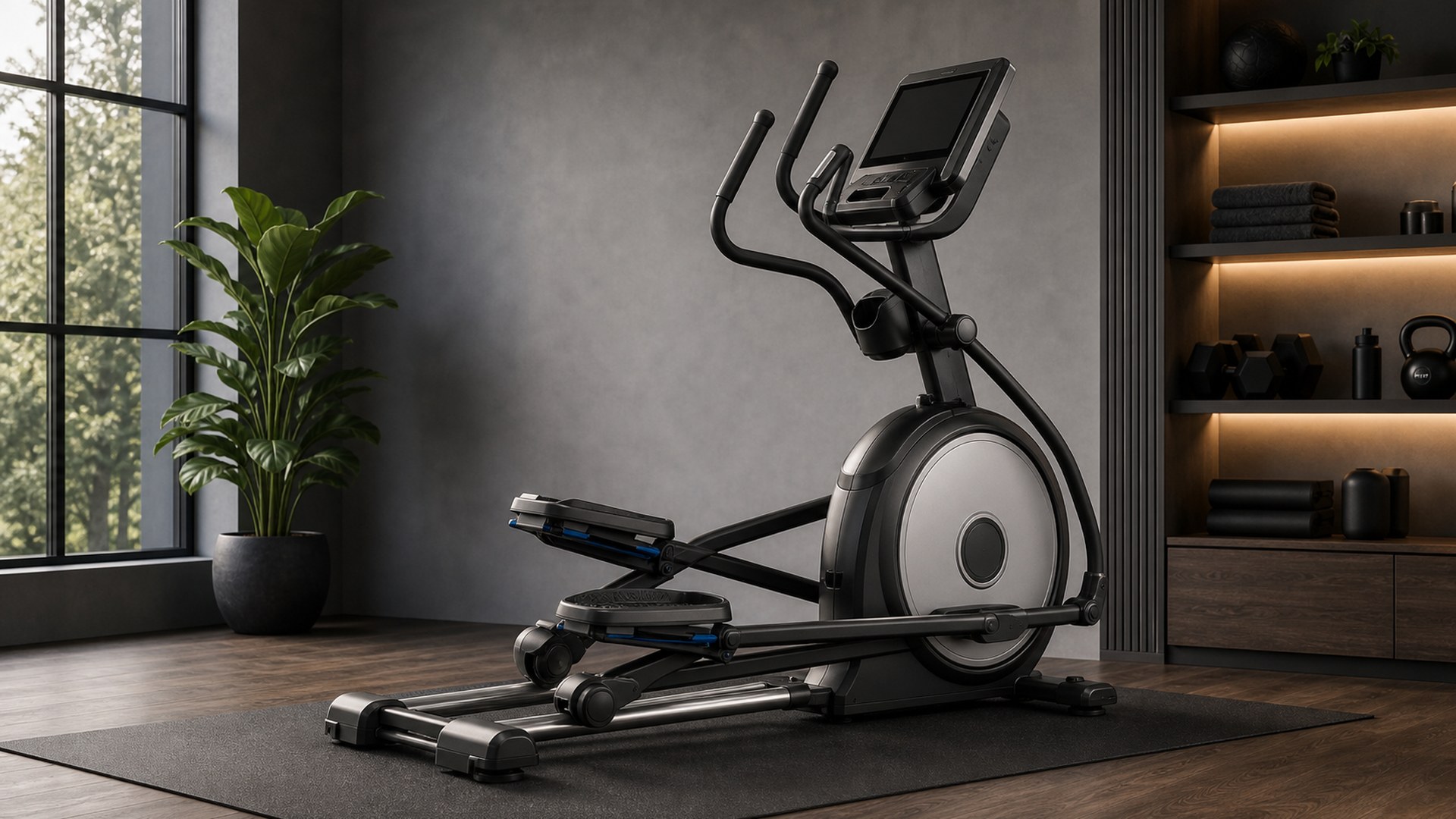 Nautilus E618 front drive elliptical in a polished home workout room