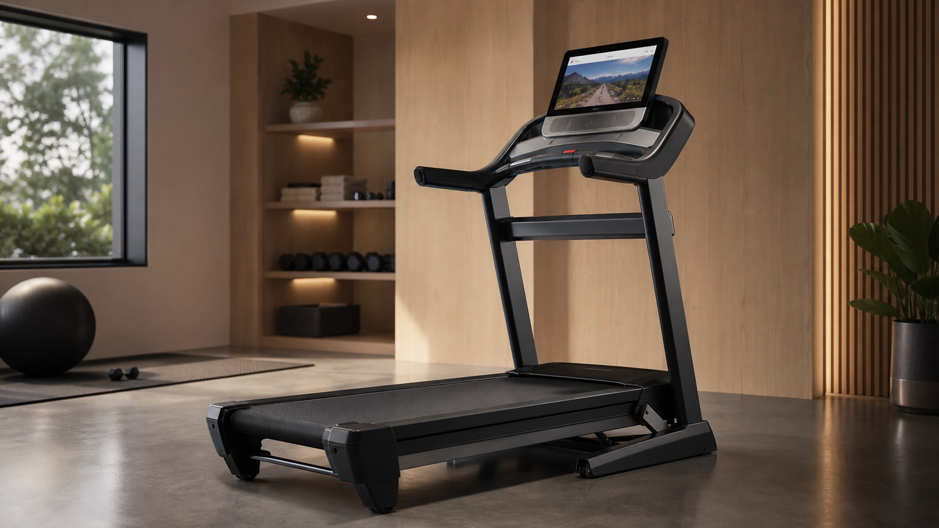 NordicTrack Commercial 1750 folding treadmill in a modern home gym