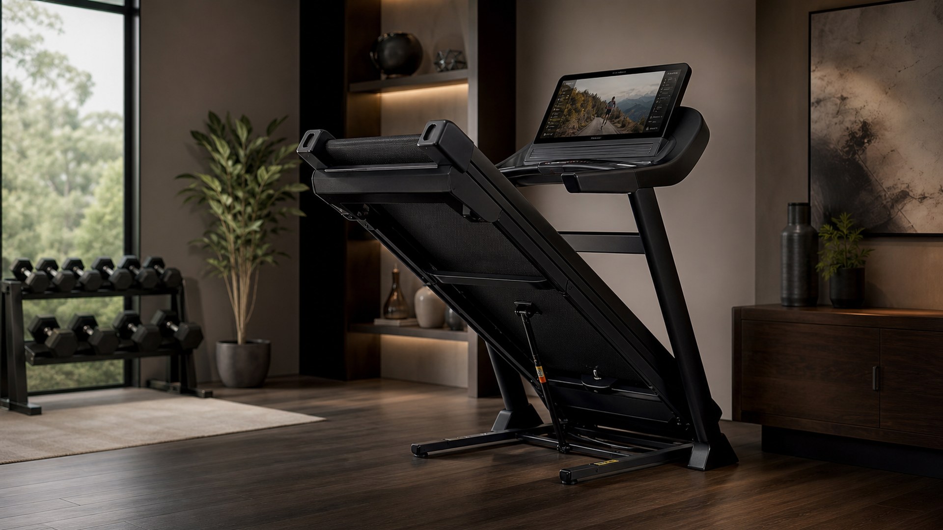 ProForm Pro 9000 folding treadmill in a compact home gym
