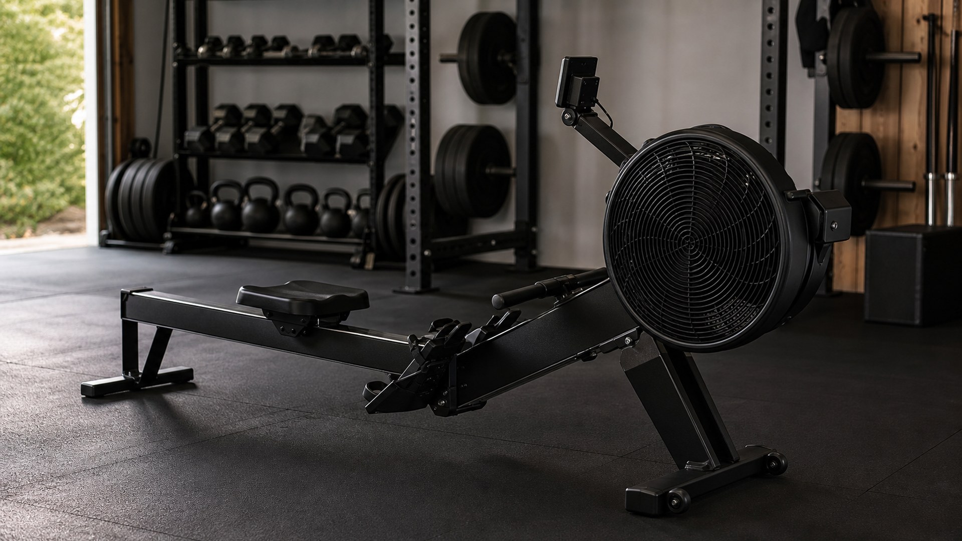 Rogue Echo Rower air resistance rowing machine in a garage gym
