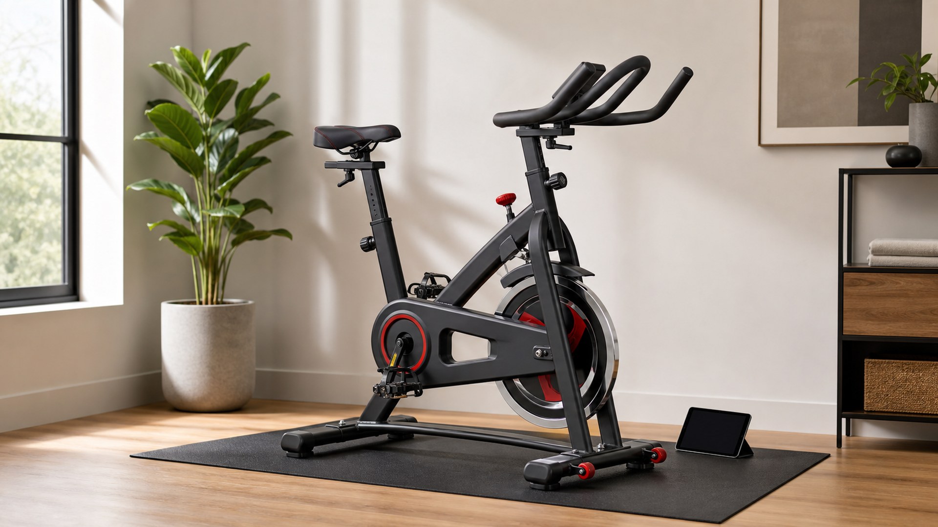 Schwinn IC4 indoor cycling bike in a bright apartment gym