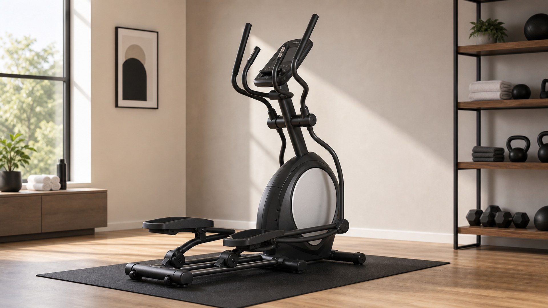 Sole E25 front drive elliptical in a spare-room home gym