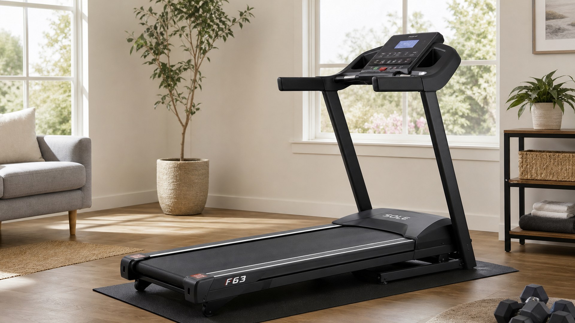 Sole F63 folding treadmill in a comfortable home workout space