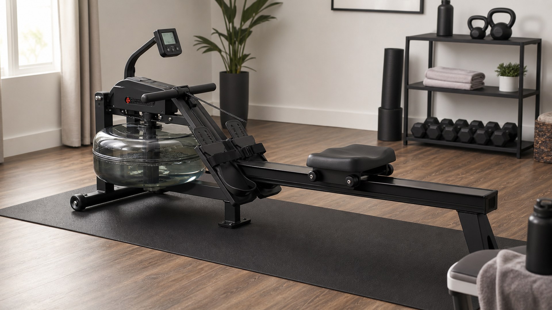 Sunny Health and Fitness Premium Smart Obsidian Surge 500 m water rower in a practical home gym