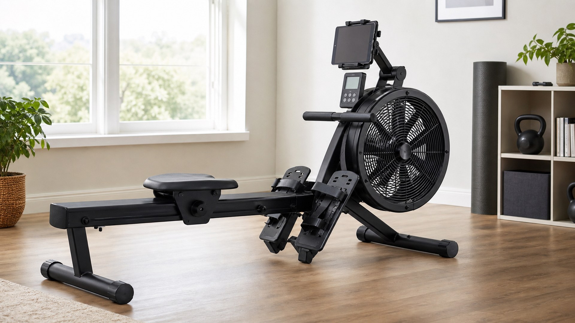 Sunny SF-RW520007 smart air resistance rowing machine in a compact home gym