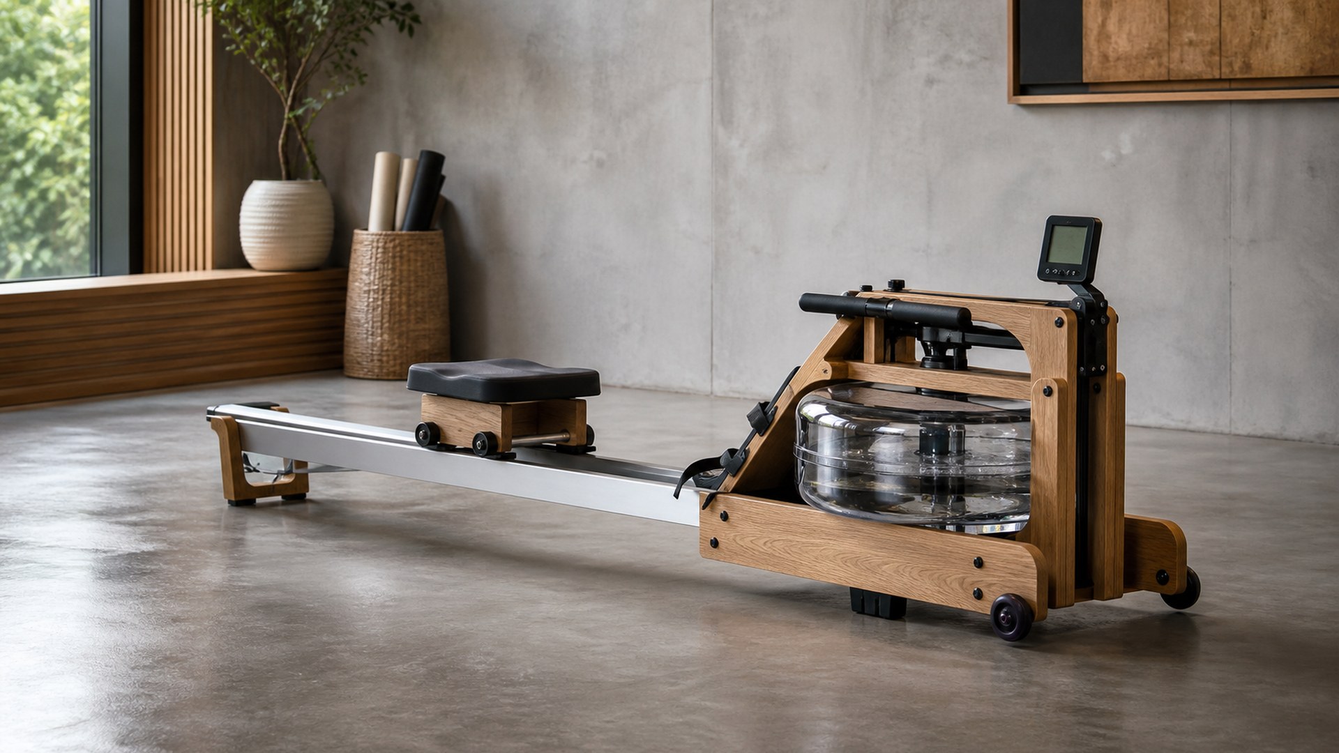 WaterRower Hybrid BLE Oak monorail water rower in a small home training room