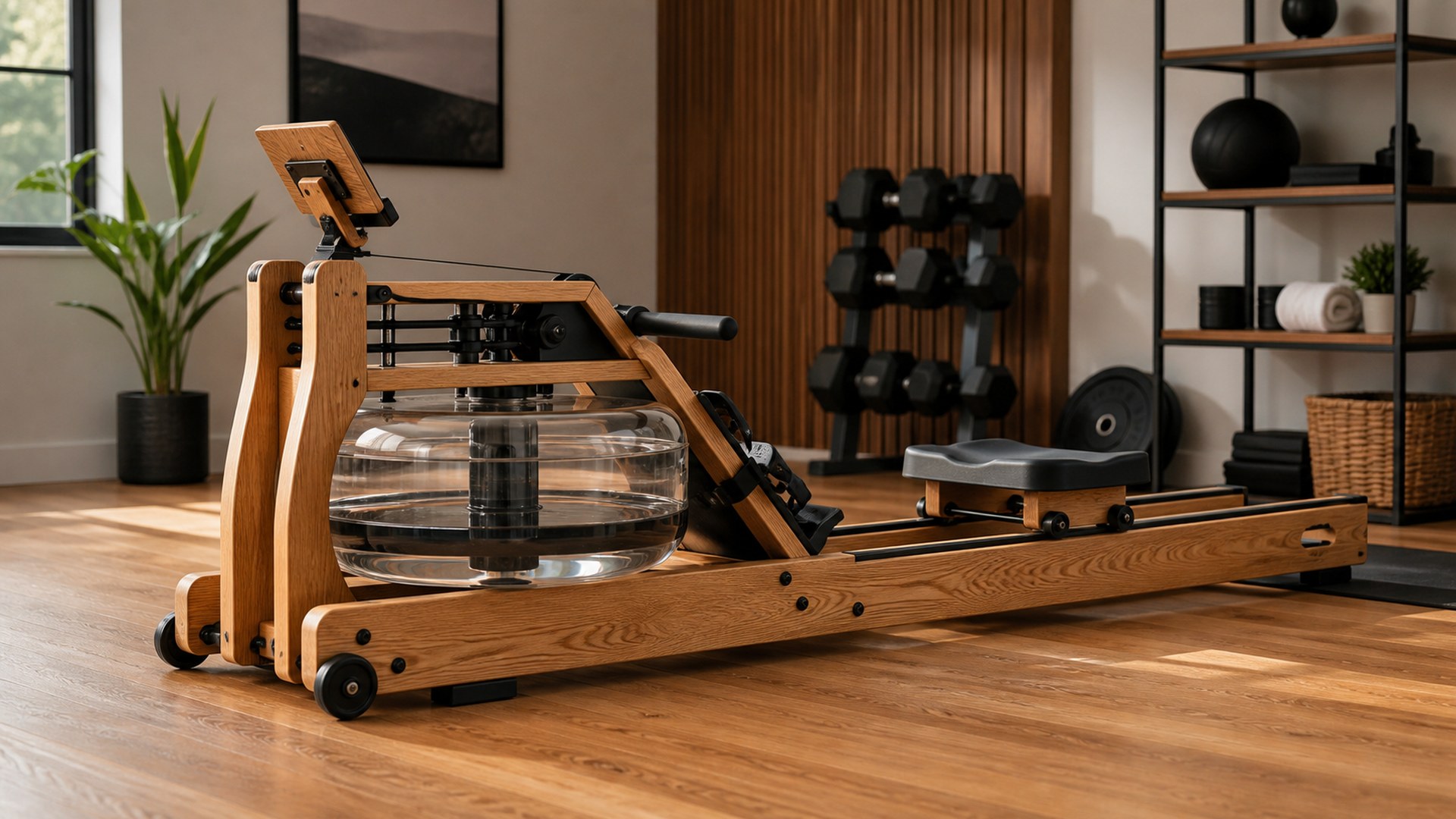 WaterRower Performance Ergometer Oak water rower in a modern home gym