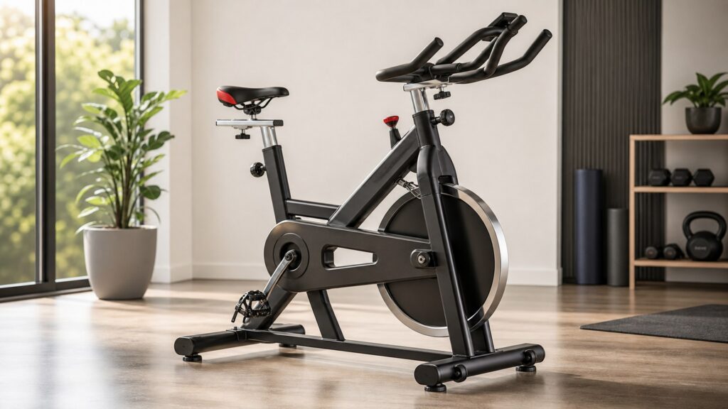 spin bike with flywheel, resistance knob, racing saddle, and multi-position handlebars in a bright home fitness room