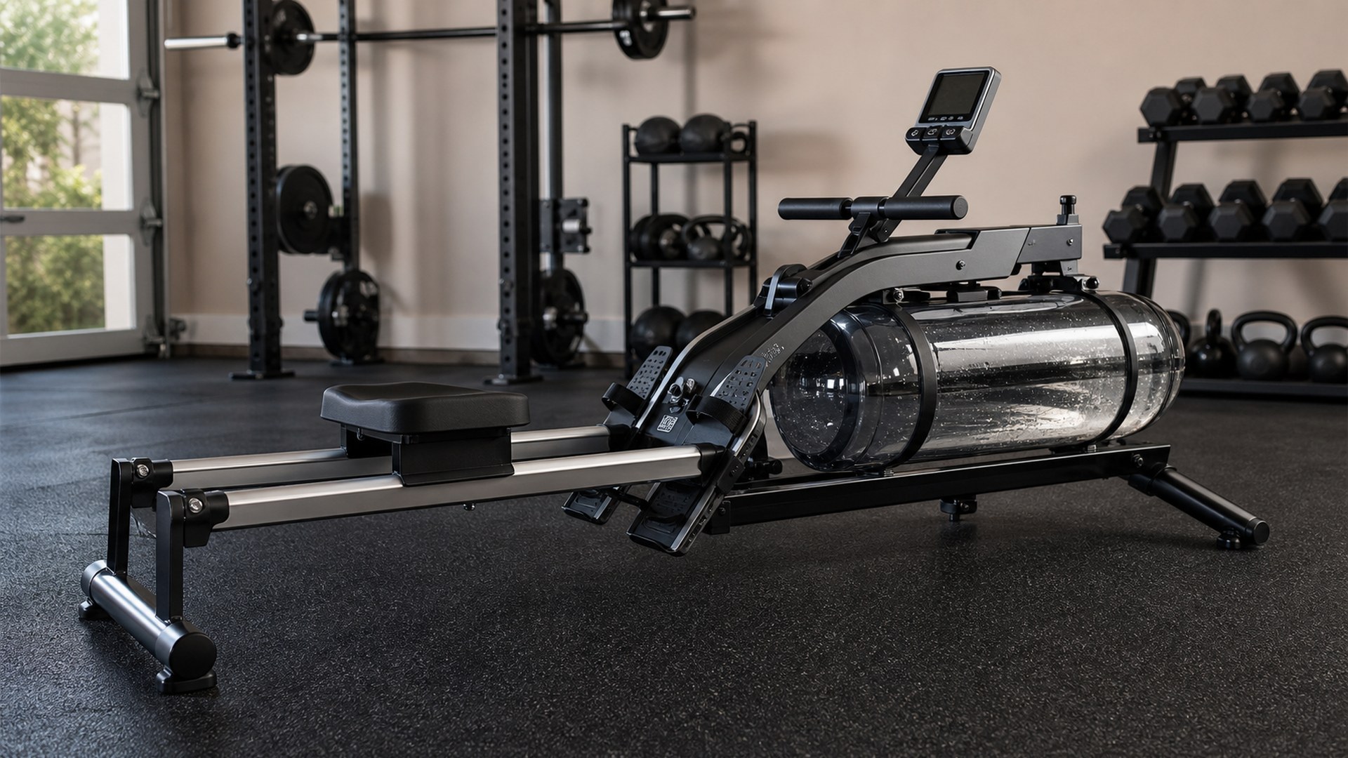 XTERRA ERG800W Torpedo Water Rower in a polished garage gym