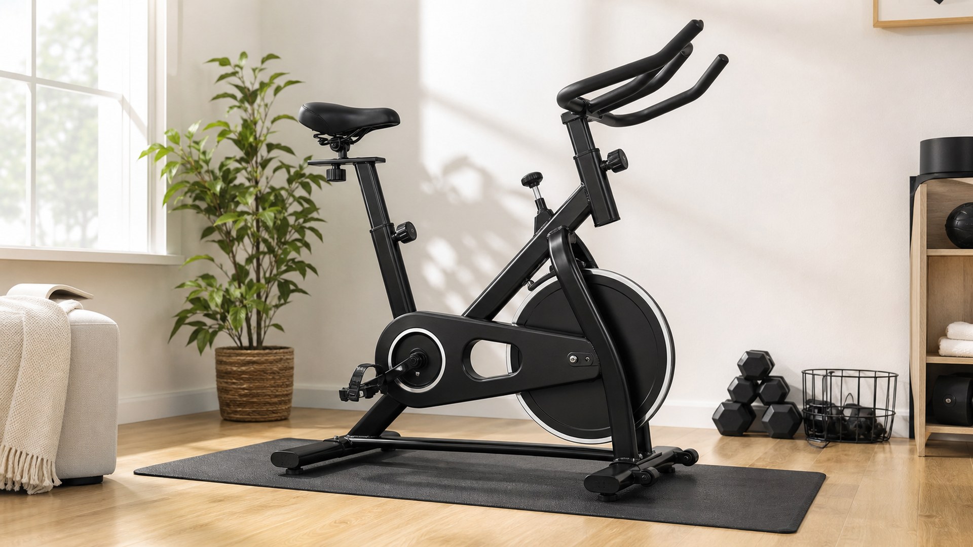 YOSUDA YB001 starter spin bike in a small apartment exercise corner