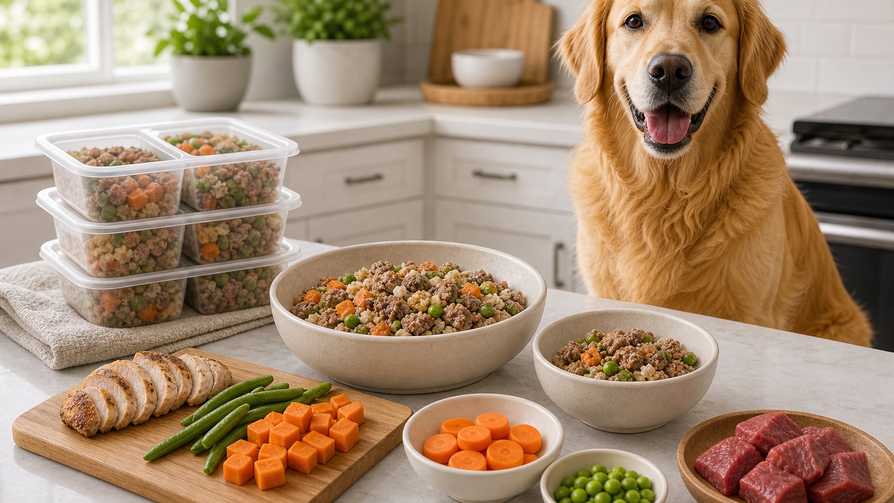 Fresh dog food made with whole ingredients like vegetables and meat