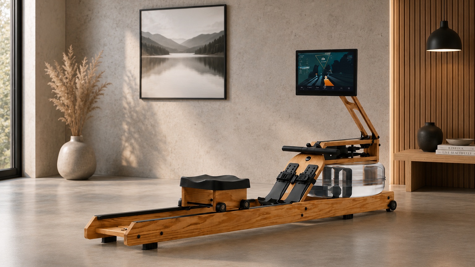 Ergatta Lite connected water rower in a compact apartment workout space