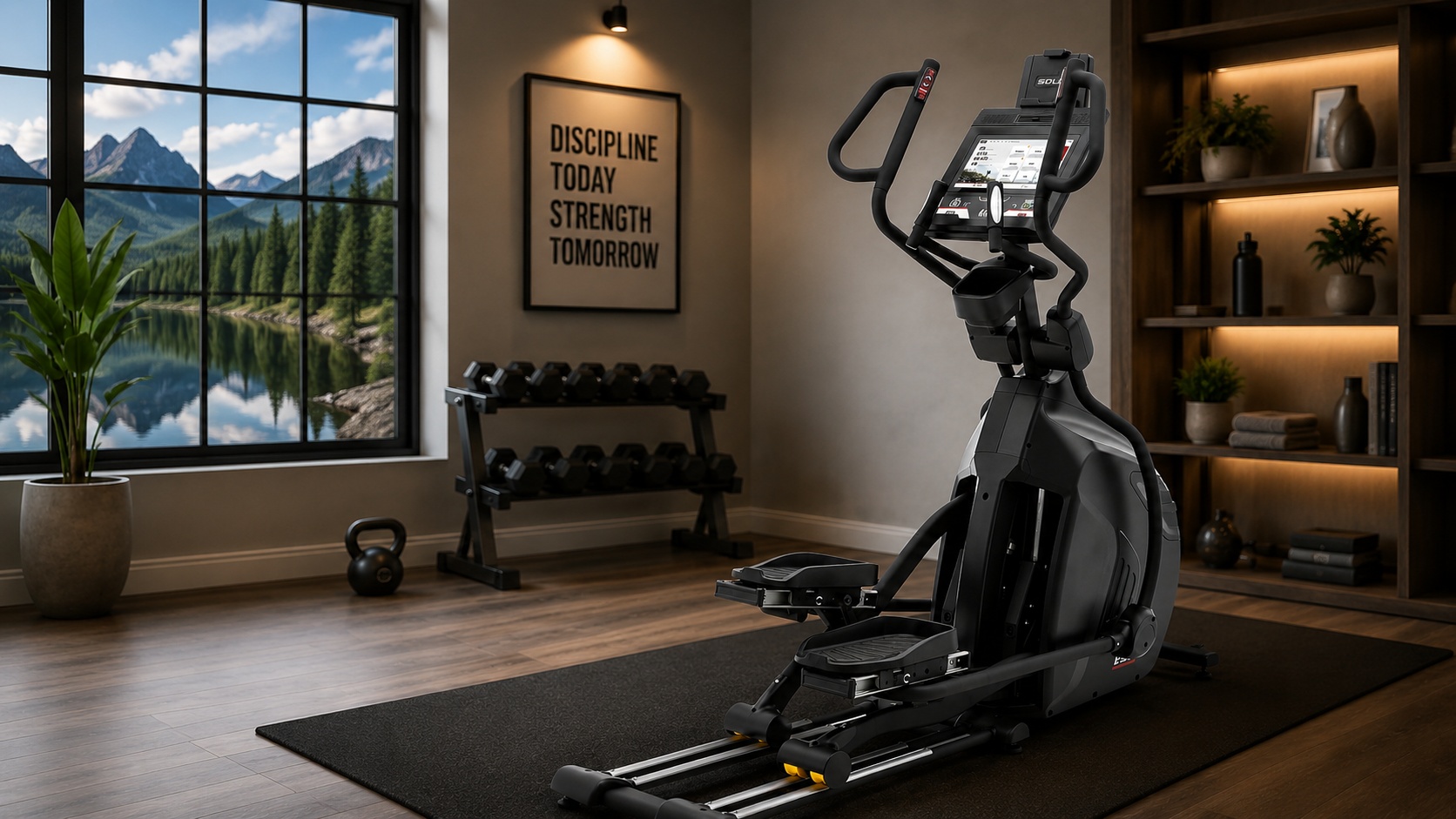 Sole E35 front drive elliptical in a bright home workout room