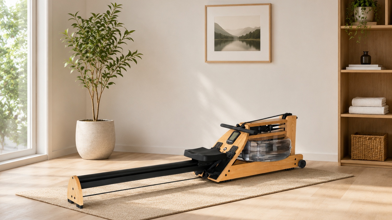 WaterRower Original Oak water resistance rower in a refined home gym