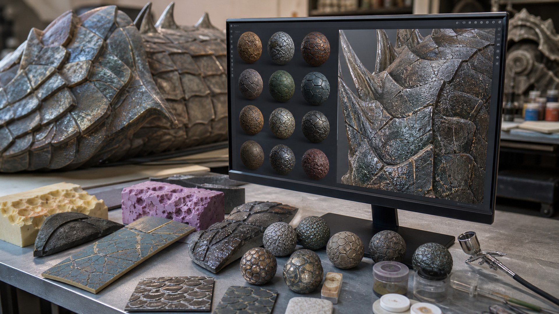 Adobe Substance 3D AI giant prop design tool in a photorealistic fabrication studio workflow