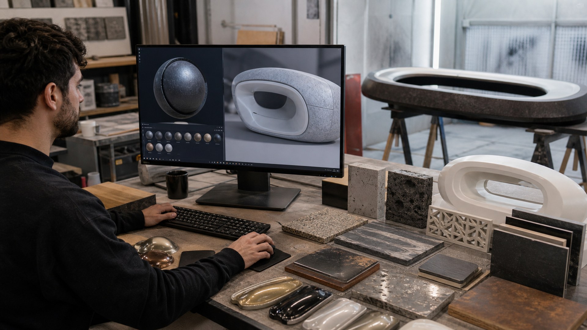 Adobe Substance 3D AI tool shown in a large format fabrication studio workflow