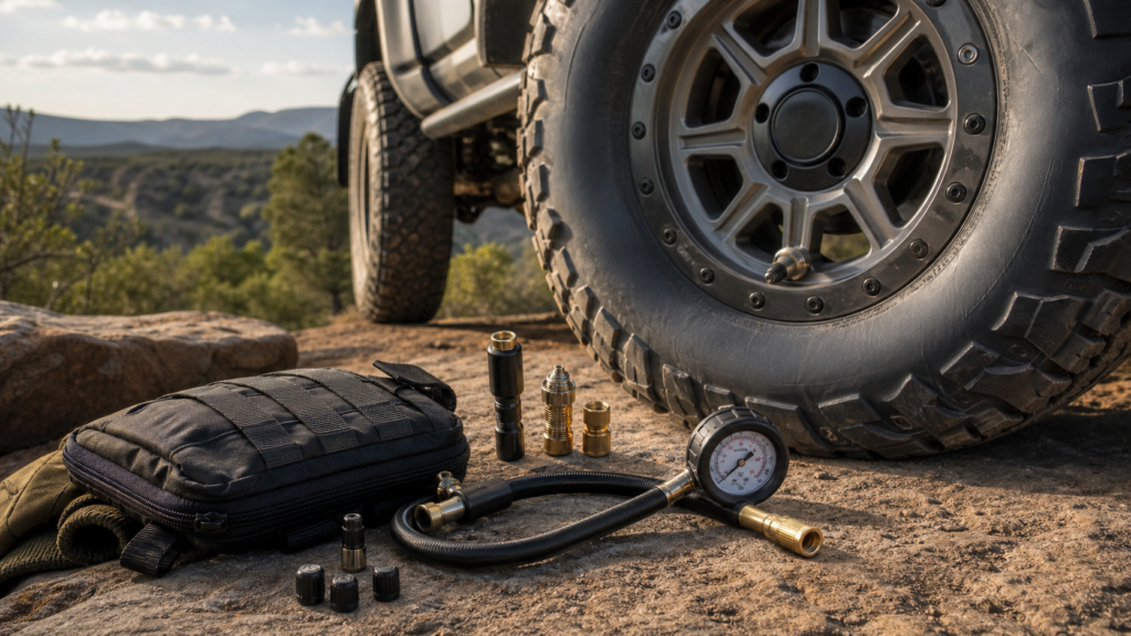 Air down tire tools arranged beside an off-road tire