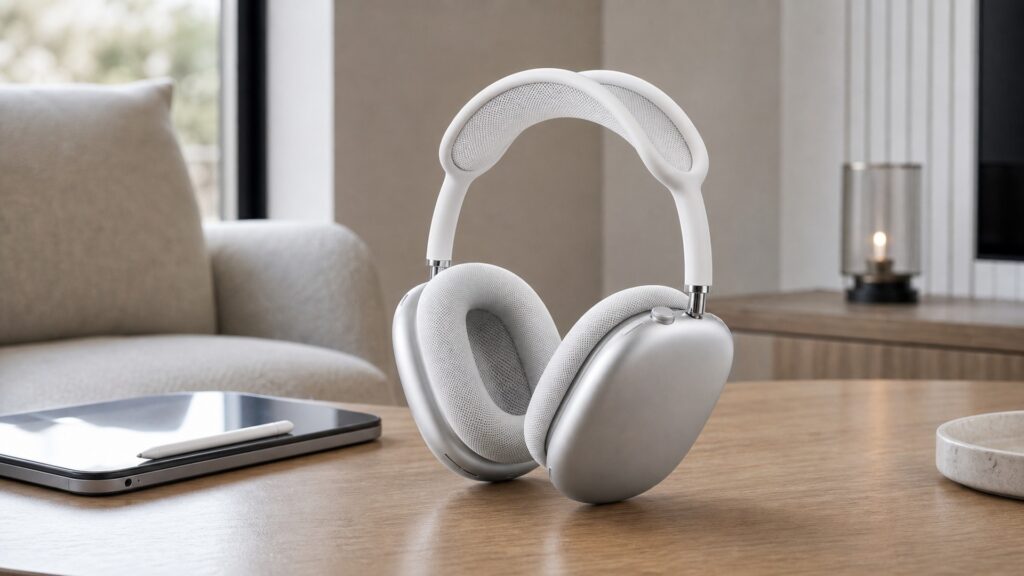 Apple AirPods Max over-ear headphones in a premium Apple desk listening setup
